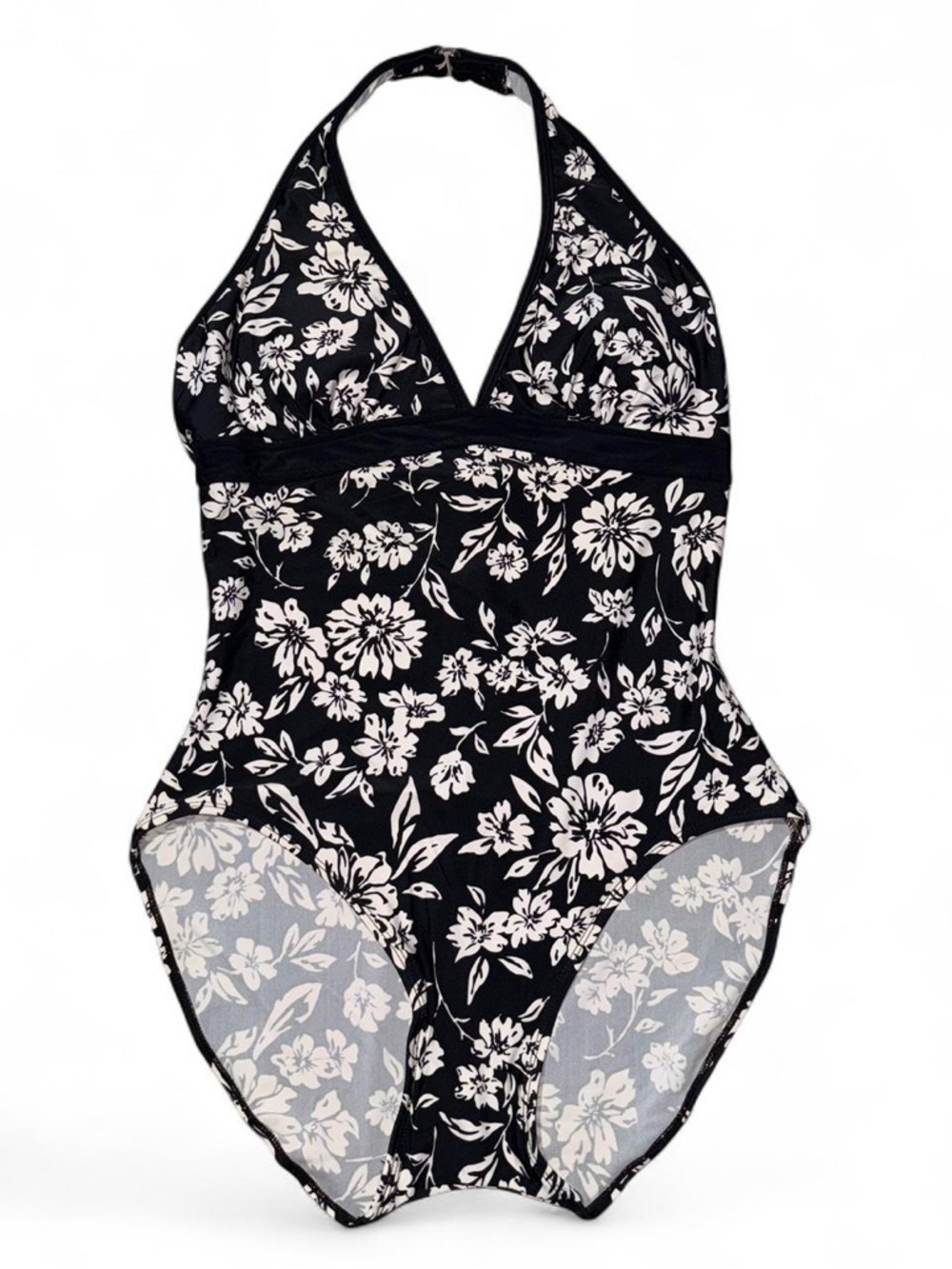 Black & White Floral Halter One-Piece Swimsuit